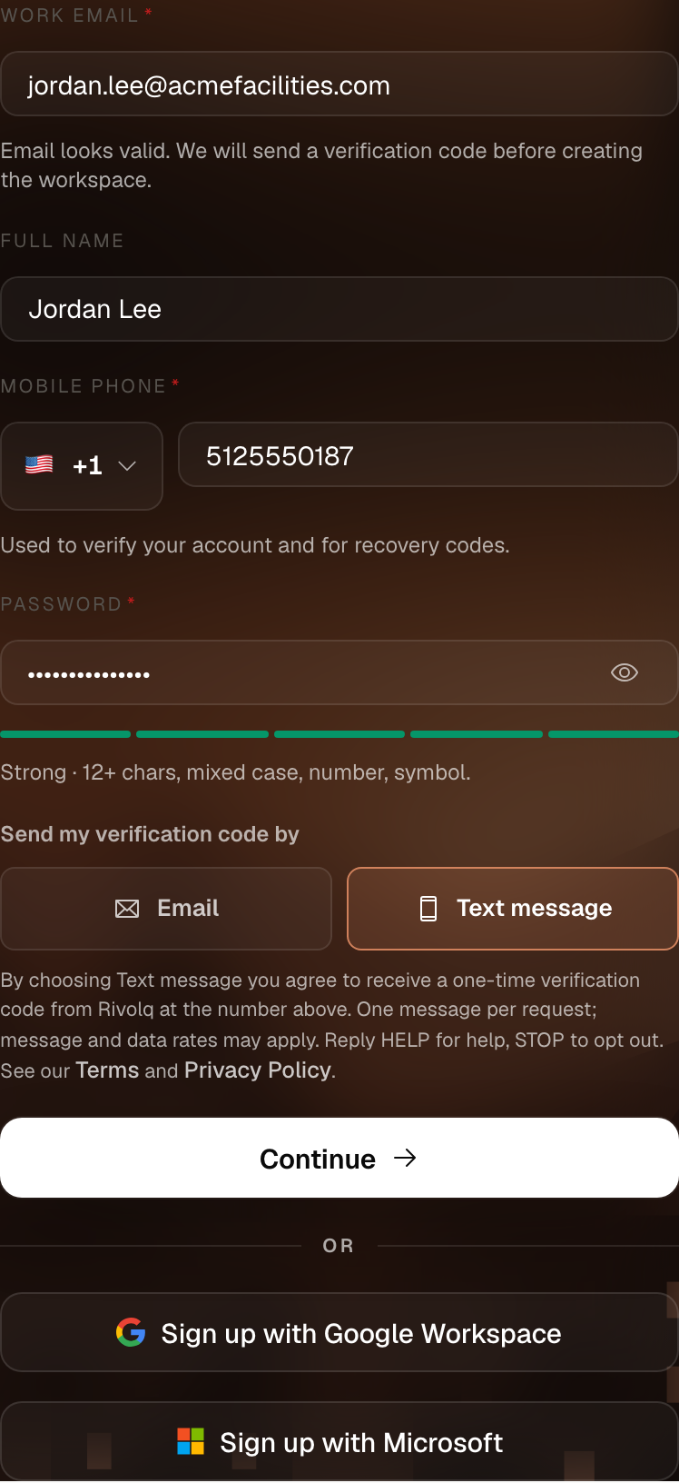 The Rivolq signup form with the mobile phone field, the Text message delivery option selected, and the SMS consent disclosure shown beneath it.